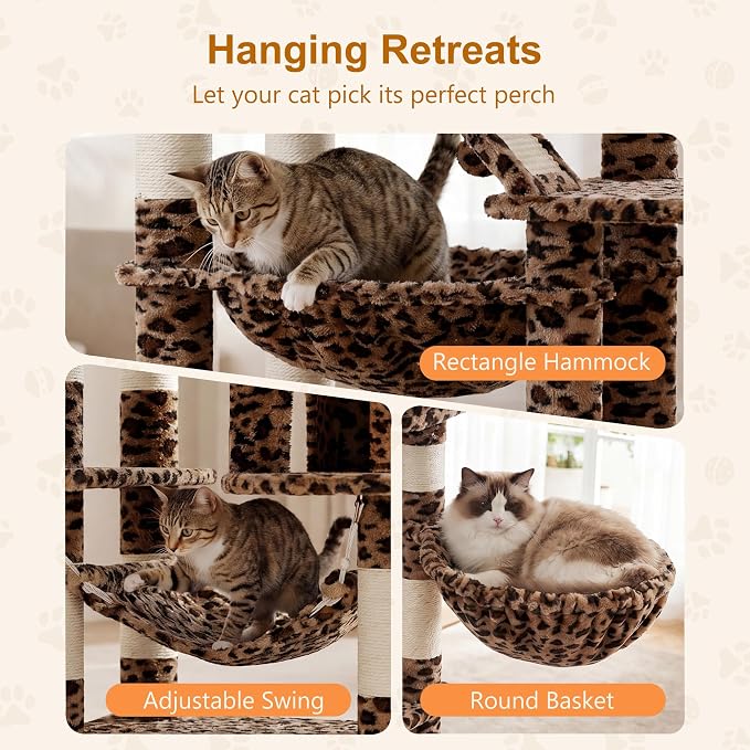 Heybly Cat Tree, 71-Inch-Tall Tower for Indoor Cats with 2 Perches, 2 Big Condos, 2 Hammocks, Basket, Scratching Pad, Large Cat Furniture and Condo, Leopard Print HCT034BW