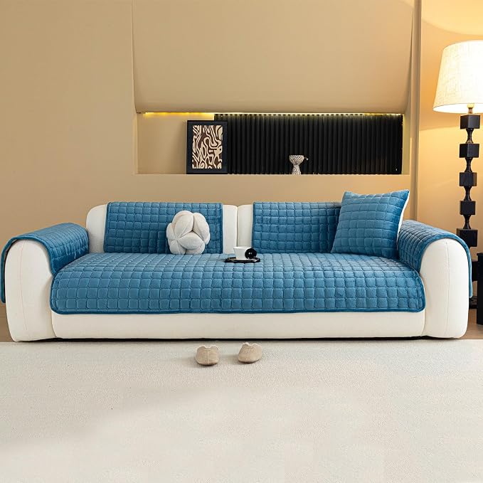 Velvet Couch Cover, Plush Sectional Sofa Cover Washable, Anti Slip Sofa Slipcover for Armrest & Backrest, Furniture Protector Covers for Pets & Kids(1PC, Teal Blue, 35.4"×35.4", Single Seater)