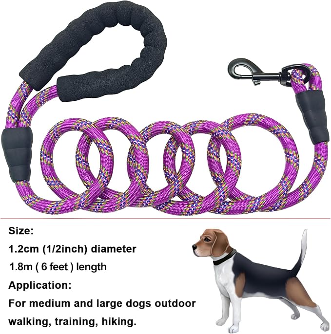 MayPaw Heavy Duty Rope Dog Leash, 6/8/10/15/20/30 FT Nylon Pet Leash, Soft Padded Handle Thick Lead Leashes for Large Medium Dogs (Purple, 1/2" * 8')