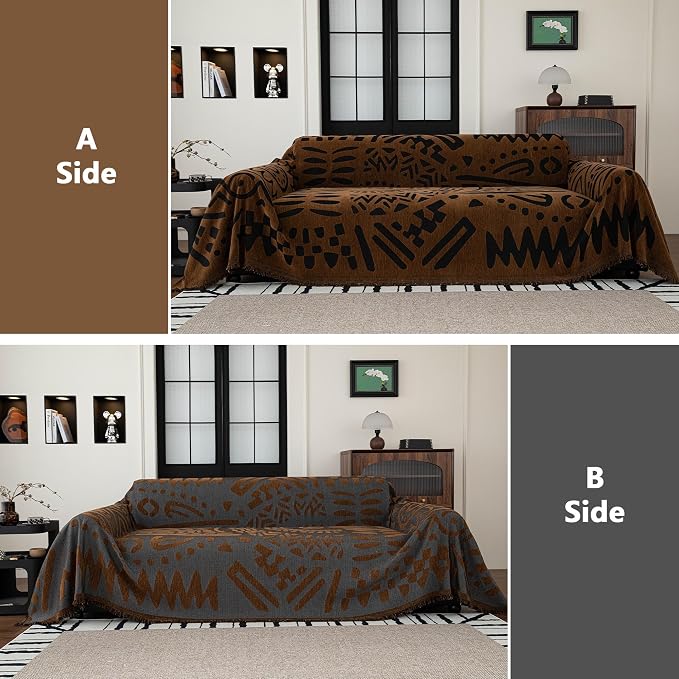 MEETSKY Boho Couch Cover Sofa Covers, Chenille Geometric Dark Brown Couch Covers for 2 Cushion Couch Sofa for Dogs, Washable Sofa Slipcover for Cat Sofa Protector with Tassels,71" x 118"