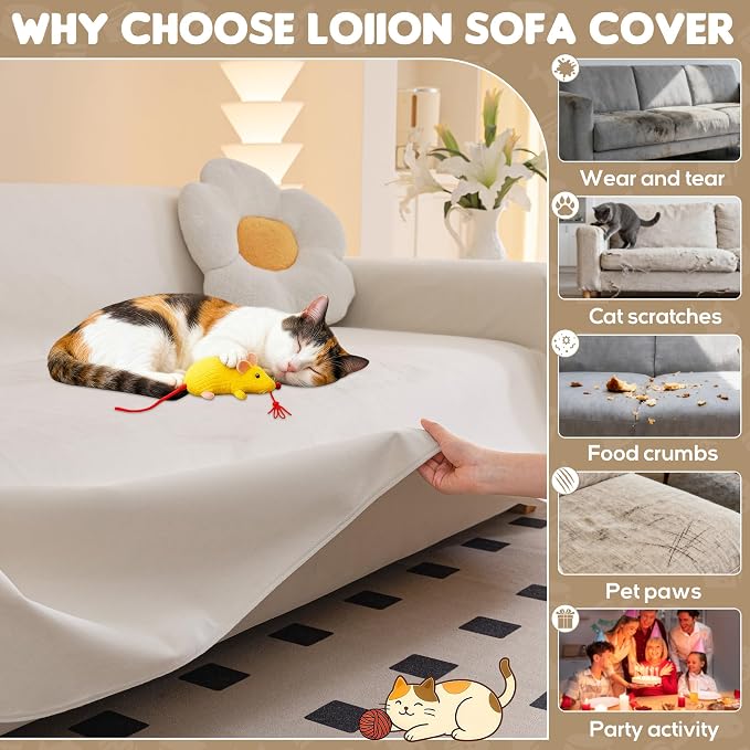 Loiion Velvet Sofa Cover, Ultra Soft Waterproof Non-Slip Couch Cover for Pets, Cat-Scratch Resistant Couch Cover, Pet & Kid Proof Scratch & Hair Resistant Washable Furniture Protector 150"X91" Beige