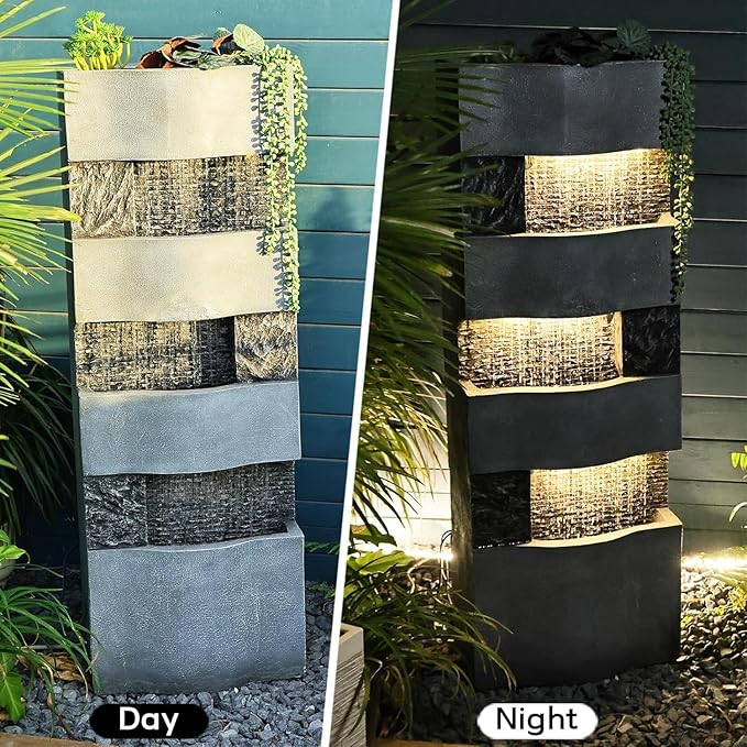 Sunlinua 40.5" H Modern Outdoor Water Fountain with LED Lights – Tall Garden Waterfall Fountain for Patio, Yard, Landscape or Indoor Decor, 4 Tiers Floor Standing Waterfall Outdoor Fountains