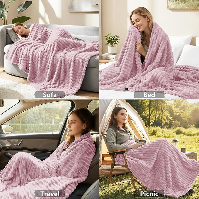 HIMEET Fleece Dusty Pink Queen Blanket for Bed - 300GSM Ribbed Soft Cozy Bedding Blanket, House Warming Gifts New Home, Luxury Aesthetic Bedroom Decor Throws, 90x90 Inches