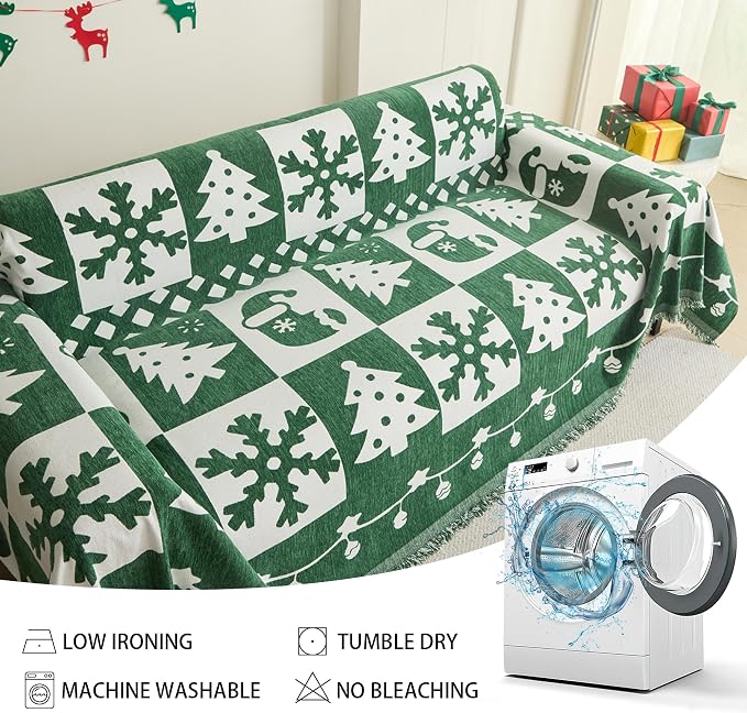MEETSKY Christmas Couch Cover for Sectional Sofa, Chenille Green Sofa Covers Washable for Pet Friendly Snowflake Christmas Tree Decorative Couch Covers, 71" x 134"