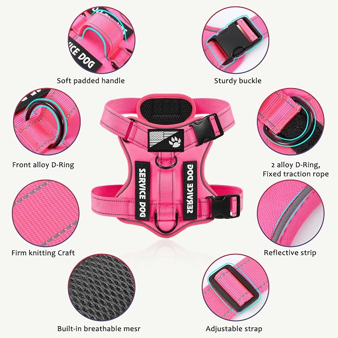 Service Dog Harness, Reflective Dog Vest Harness with 5 PCS Patches, Adjustable Soft Oxford Pet Harness, Inner Layer Mesh, Easy to Control for Small Medium Large Dogs, HotPink