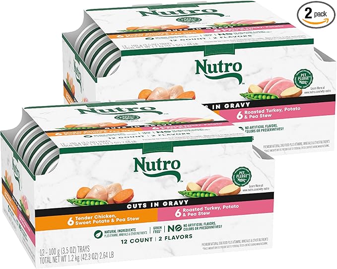 Nutro Natural Choice Cuts in Gravy Wet Dog Food, Grain Free Dog Food Wet Chicken and Turkey Recipes Variety Pack, 3.5 oz. Trays (12 Count, Pack of 2)