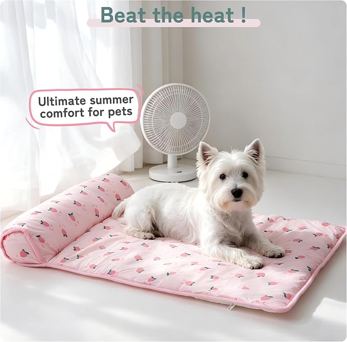 PUMYPOREITY Cooling Dog Bed, Pet Cooling Mat with Pillow, Ice Silk Cooling Dog Blanket, Self Cooling Pad for Cat,Dog, Washable Summer Pet Mat for Kennel, Crates, Sofa, Floor, Green, L