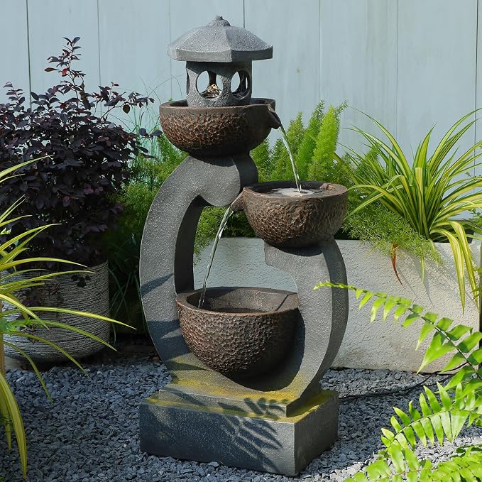 Outdoor Water Fountain with LED Lights, 3-Tier Zen Garden Fountain for Patio, Yard & Porch Decor – Durable Resin Waterfall Feature with Modern Japanese-Style Design, 35” Tall