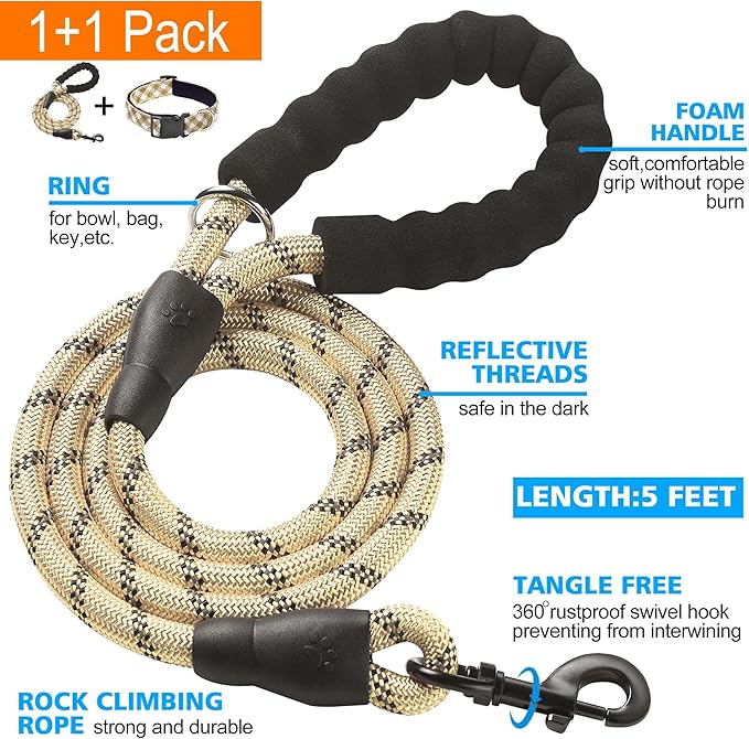 Ladoogo Reflective Dog Collar Padded with Soft Neoprene Breathable Adjustable Nylon Dog Collars for Small Medium Large Dogs (X-Small (Pack of 1), Vanilla Plaid Collar+Leash)