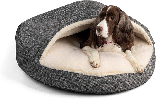 Snoozer Cozy Cave Dog Bed - Indoor Dog Bed with Cover Cave, Covered Calming Burrow for Small Sized Pets with Blanket Attached, Enclosed, Removable Washable Cover - Small, Merlin Pewter