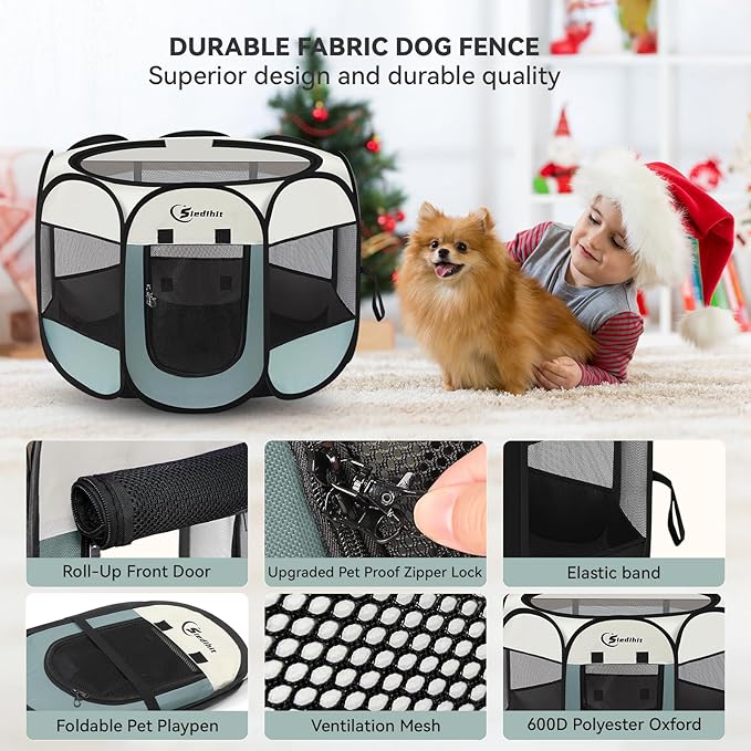 Siedihit Dog Playpen, Puppy Pet Playpen, Medium Dogs Tent Crates Cage Indoor/Outdoor, Portable Pop Up Dog Kennel Playpen with Carrying Case for Dogs/Cats/Rabbits, Removable Zipper Top, Grey