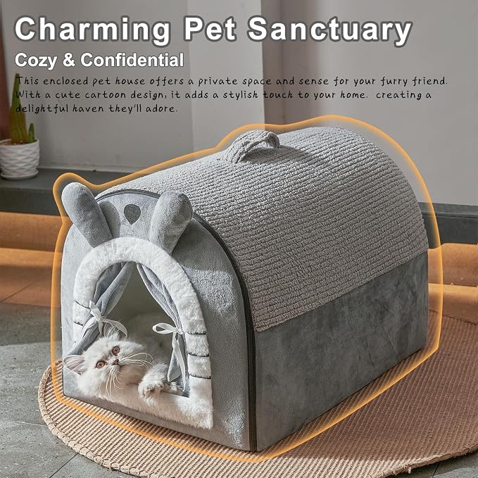 Jiupety Cat Houses for Indoor Cats, Cave Bed with Door Curtain Design, Cute Portable Beds with Reversible Washable Cushion, S Size Up to 6 lb Cat and 4 lb Dog, Non-Slip Bottom, Grey