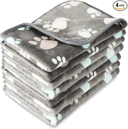 Tatuo 4 Pack Fleece Dog Blankets for Puppy Cats Multi-Size Sleep Mat for Pet Guinea Pig Soft Washable Warm Crate Bed Puppy Teething Toys Print Pattern Blanket Indoor(Dark Gray,30 x 20.5 Inch,Paw)