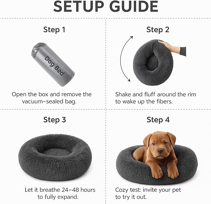 Calming Dog Bed - Fluffy Donut Cuddler for Anxiety Relief, Orthopedic Pet Bed with Non-Slip Bottom, Cozy Round Faux Fur Nest for Dogs and Cats, Plush Crate Mat for Comfort (Dark Grey, Large)