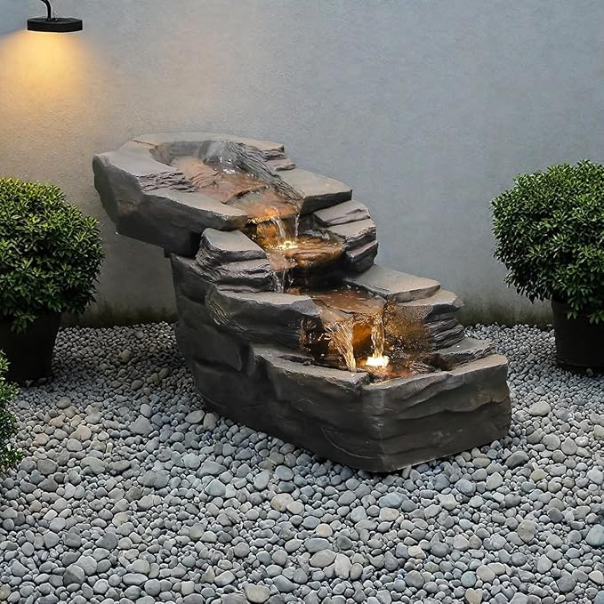 Sunlinua 28.6" L Outdoor Water Fountain with 3 Tiers Large Cascading Realistic Tree Trunk Waterfall Fountains with LED Lights Outdoor Water Fountain for Garden Patio Backyard Porch Home Decor