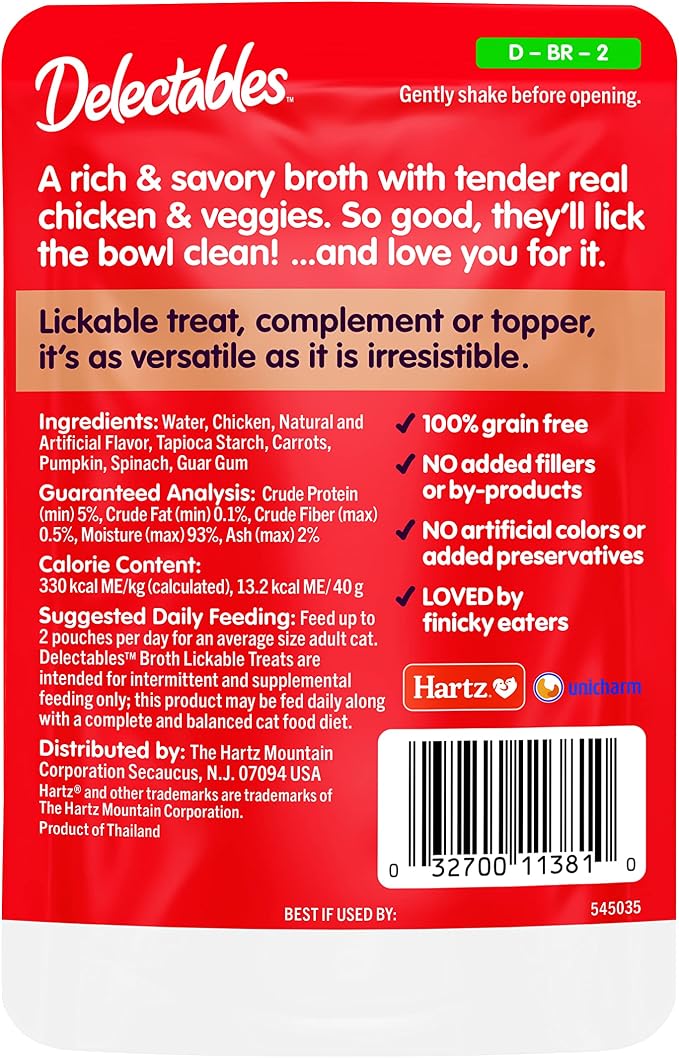 Delectables Lickable Treat Savory Broth Wet Cat Treat with Real Chicken & Veggies, Food Topper, Hydrating, Grain-Free, No Fillers, No By-Products, No-Added Preservatives, 1.4oz Pouch (Pack of 24)