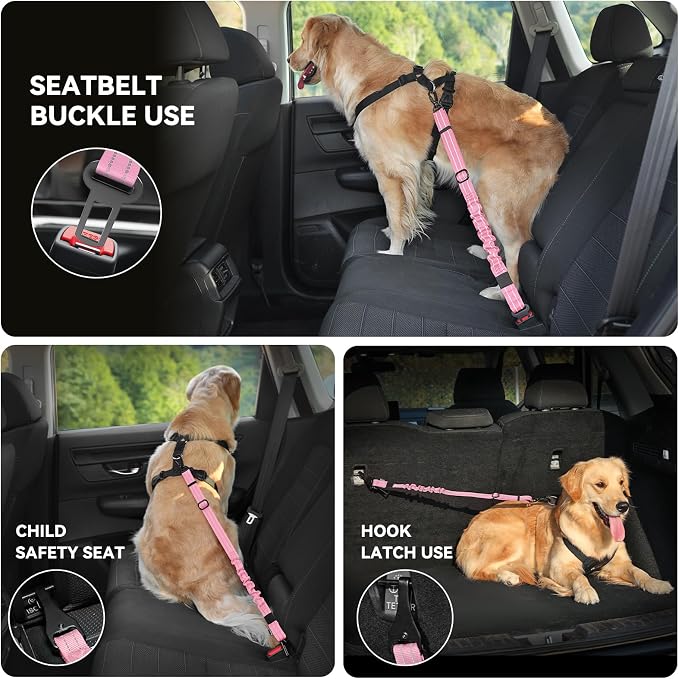 Pawaboo Dog Seat Belt Harness for Car, Dog Car Harness Seatbelt with Double Clips, Adjustable Breathable Pet Vest & Dogs Safety Tether with Elastic Bungee for Small Medium Large Pet, XXL, Pink + Black