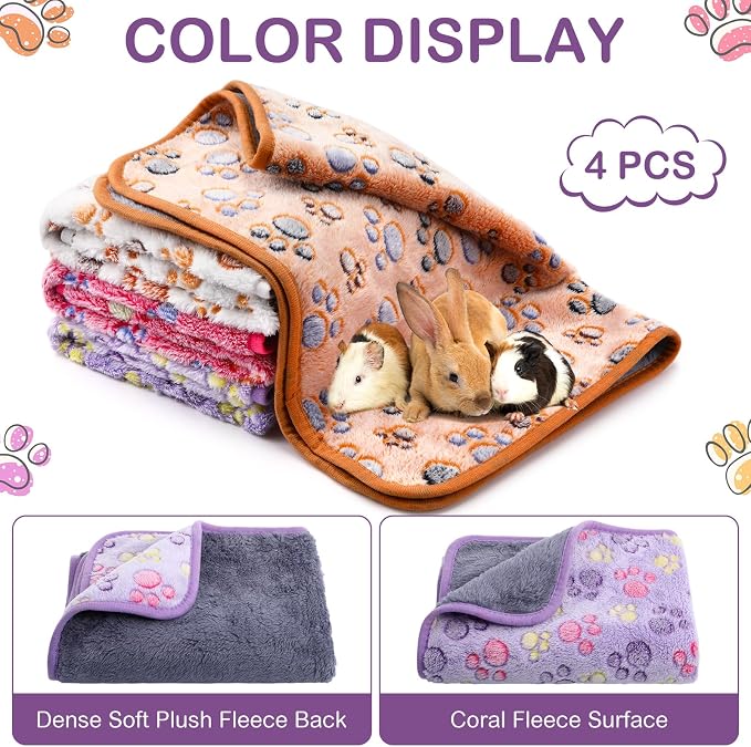 Panelee 4 Pcs Washable Dog Blankets Waterproof Cute Paw Print Fleece Blanket Reusable Puppy Blankets for Small Medium Pet Cat Whelping Warm Soft Mat Guinea Pig Cage Liners(24 x 16 Inch)