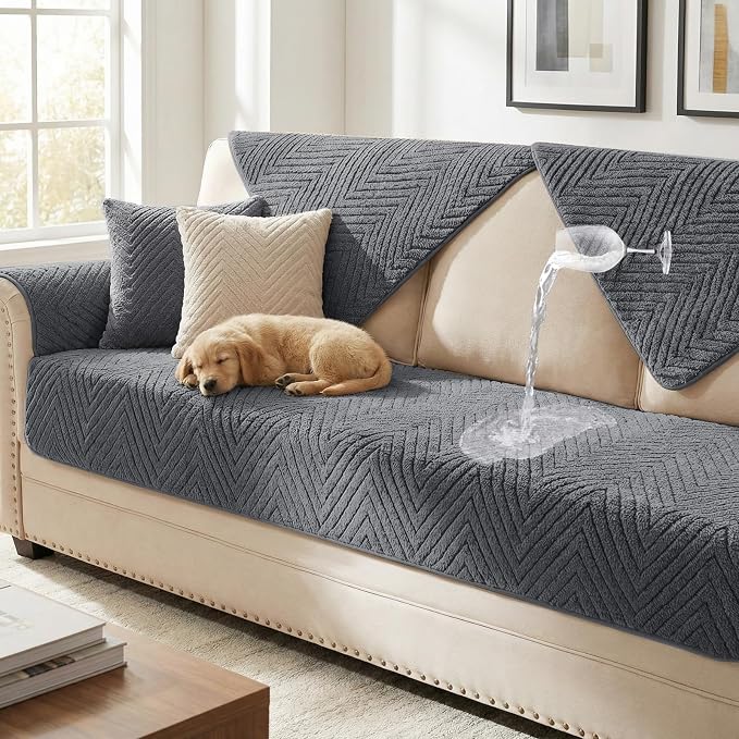 Turquoize Waterproof Couch Cover for Dogs Fuzzy Pet Couch Covers for Sofa Thick Dog Bed Cover Non-Slip Sofa Covers for 2 Cushion Couch Protector Slipcover Pet Friendly (Grey, 36" x 48")