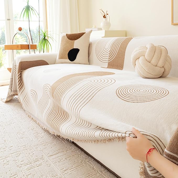 VANJOROY Boho Couch Cover for 2 3 Cushion, Sofa Slipcovers Sectional Sofa L-Shape Washable 100% Organic Chenille Couch Cover for Dogs Pets, Sofa Cover Protector Soft with Tassel,71"x 118" Khaki