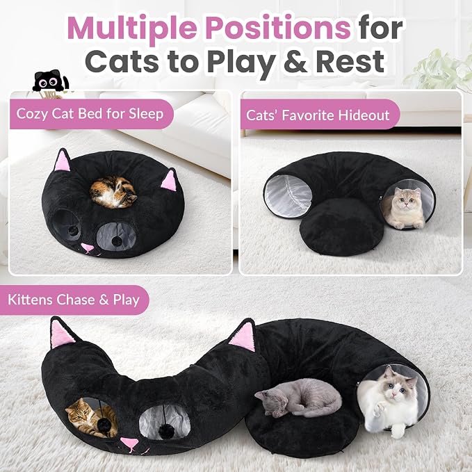 Cat Tunnel Bed for Indoor Cats, Peekaboo Cat Cave with Washable Soft Play Mat, Furry Cat Tube, for Kitten/Puppy/Rabbit, Kitten Series Black Pink