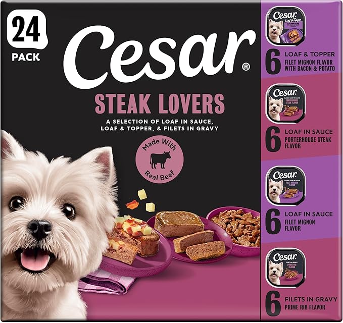 Cesar Adult Wet Dog Food Steak Lovers Variety Pack with Real Meat, 3.5 oz. Easy Peel Trays, 24 Count (Pack of 1)