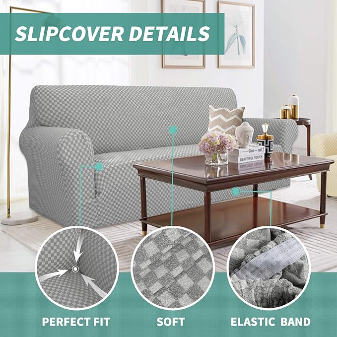 YEMYHOM Couch Cover Latest Jacquard Design High Stretch Sofa Covers for 3 Cushion Couch, Pet Dog Cat Proof Slipcover Non Slip Magic Elastic Furniture Protector (Large, Light Gray Checkered)
