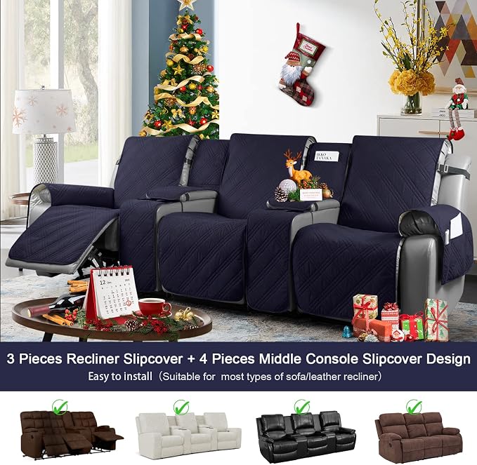 TAOCOCO 100% Waterproof Recliner Sofa Covers with Console, Couch Covers for Reclining Couches 3 Seat with Straps, Split Recliner Sofa Cover Furniture Pets Kids Protector (3 Seater, Navy Blue)