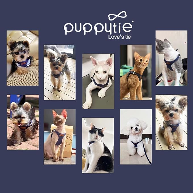 Puppytie XXS Puppy Harness with Multifunction Dog Leash,Soft Adjustable No Choke Escape Proof Pet Harness Vest,Navy,XXS