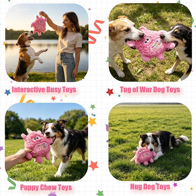 Plush Dog Birthday Toy for Girl Boy Gifts, Crinkle Squeaky Dog Toy Keep Them Busy Tug of War Stuffed Dog Chew Toy for Small Medium Large Dogs (Pink)
