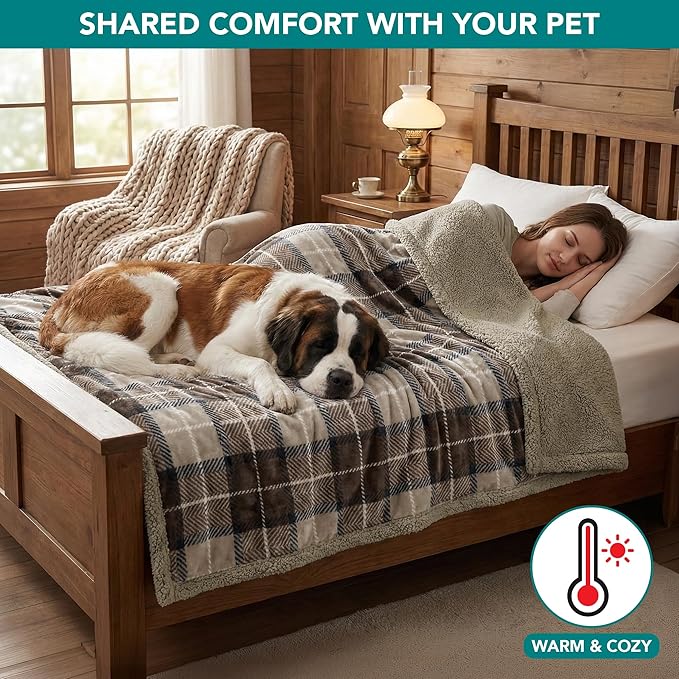 PetAmi Waterproof Dog Blanket for Couch, Large 60x40, Pee Proof Sherpa Fleece Reversible Pet Throw, Furniture Protector for Bed Sofa Kennel, Soft Washable Cover for Medium Dogs Cats, Plaid Taupe