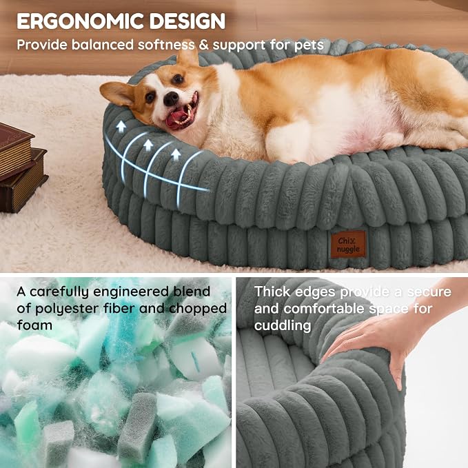 ChiXnuggle Orthopedic Dog Bed for Large Dogs, Waterproof Faux Rabbit Fur Dog Couch with Egg Crate Foam Support and Washable Removable Cover, Bolster Pet Sofa with Non-Slip Bottom, 35x28x7, Grey
