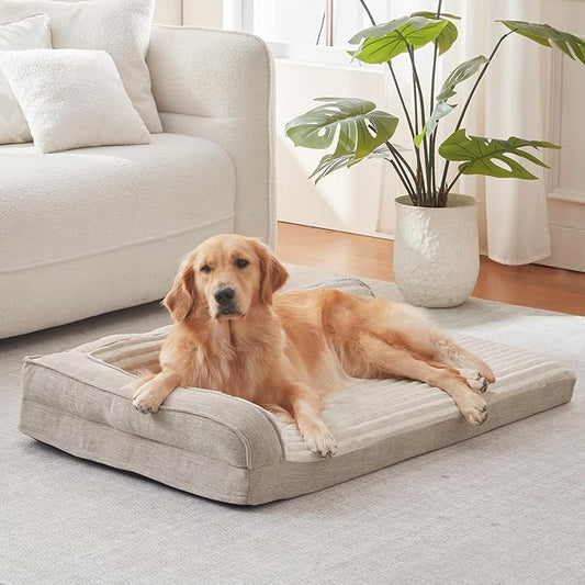 WINDRACING Orthopedic Dog Beds for Large Dogs, Waterproof Egg Foam Dog Sofa Bed with L Bolster Sides, Washable Large Pet Bed with Removable Cover & Non-Slip Bottom, 36 x 27 inch, Beige