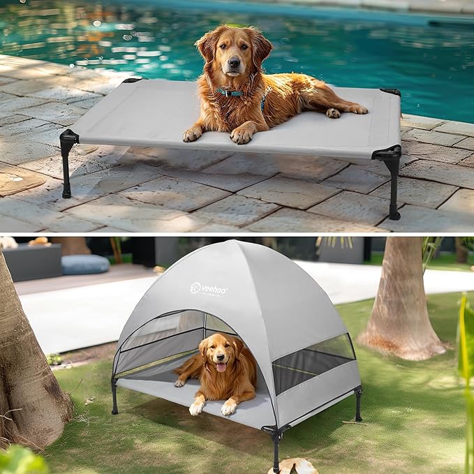 Veehoo Outdoor Dog Bed with Canopy, Portable Elevated Dog Bed with Sun Protection Shade Tent, Removable, Cooling Raised Dog Cot for Camping, Beach, 42 inches, Grey