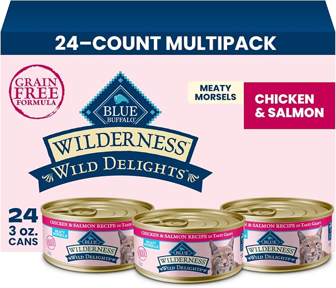 Blue Buffalo Wilderness Wild Delights Meaty Morsels Chicken & Salmon in Tasty Gravy Adult Wet Cat Food, High-Protein & Grain-Free Recipe with Natural Ingredients, 3-oz. Cans (24 Count)