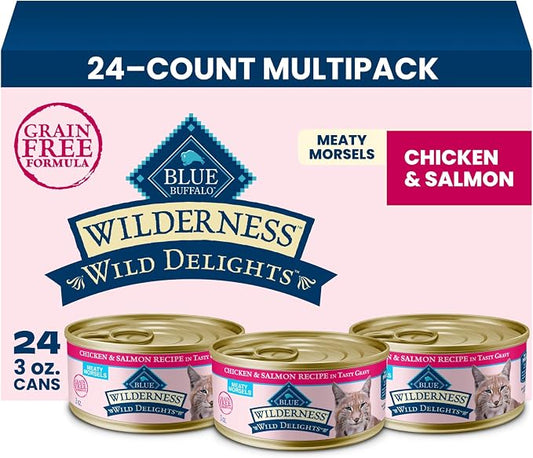 Blue Buffalo Wilderness Wild Delights Meaty Morsels Chicken & Salmon in Tasty Gravy Adult Wet Cat Food, High-Protein & Grain-Free Recipe with Natural Ingredients, 3-oz. Cans (24 Count)