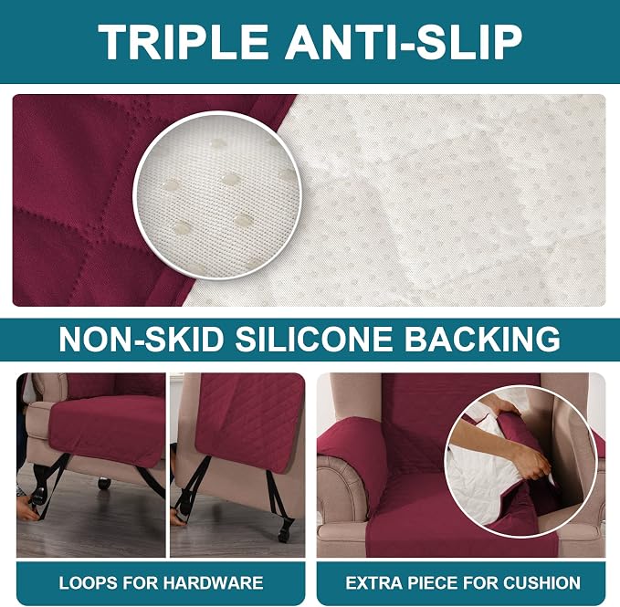 Turquoize 100% Waterproof Wing Chair Cover Wing Armchair Slipcovers Chair Couch Protector Triple Non-Slip Sofa Slipcover for Wing Chair Furniture Protector for Pets, Kids,Dog (Wing Chair, Burgundy)