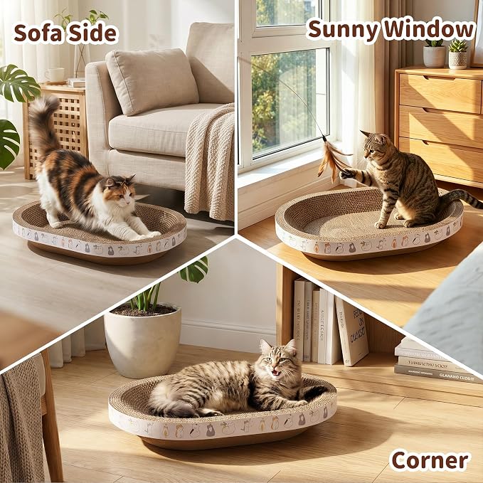 PatiencET Oval Cat Scratcher Lounge for Indoor Cats, Corrugated Cardboard Cat Scratch Pad Bed with Catnip, Cat Scratching Board for Scratching, Stretching, Playing and Lounging, 17 x 12 Inch