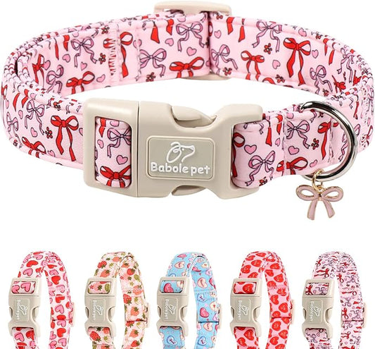 Girl Dog Collar for Medium Dogs - Cute Heart Bow Print Girly Dog Collars, Soft Adjustable Spring/Summer Holiday Female Dogs Collar with Quick-Release Buckle M