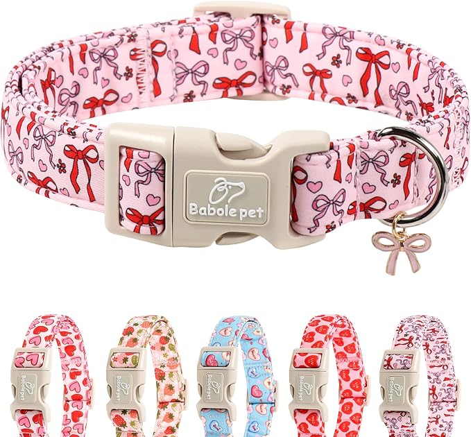 Girl Dog Collar for Large Dogs - Cute Heart Bow Print Girly Dog Collars, Soft Adjustable Spring/Summer Holiday Female Dogs Collar with Quick-Release Buckle L