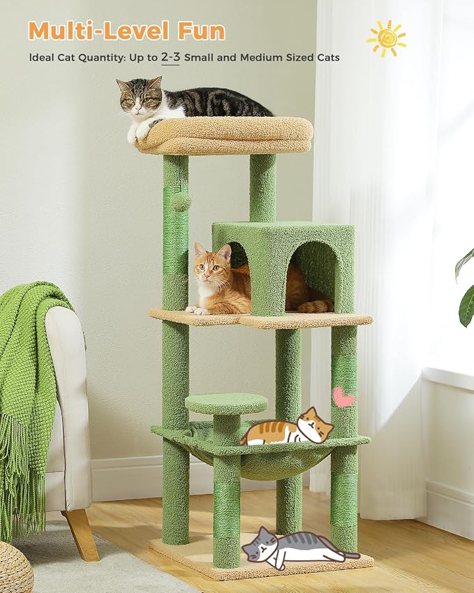 MUTTROS Cactus Cat Tree for Indoor Cats, 45.7" Multi-Level Cat Tower with Large Metal Frame Hammock, Cat Condo with 4 Scratching Posts and Top Perch, Green