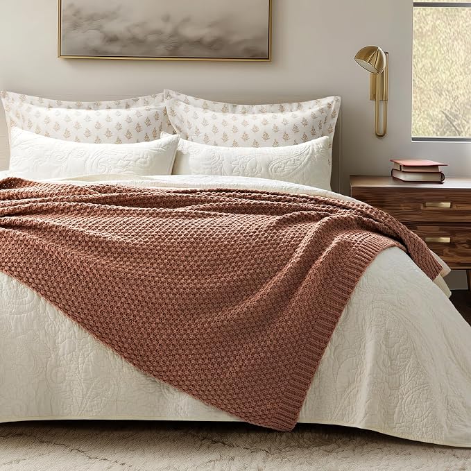 EVERGRACEHOME Chunky Chenille Knit Throw Blanket for Couch, Soft Luxurious Moss Stitch Blankets for Bed, Cozy Decorative Farmhouse Knitted Throws for Sofa, Terracotta Clay, 60" x 80"