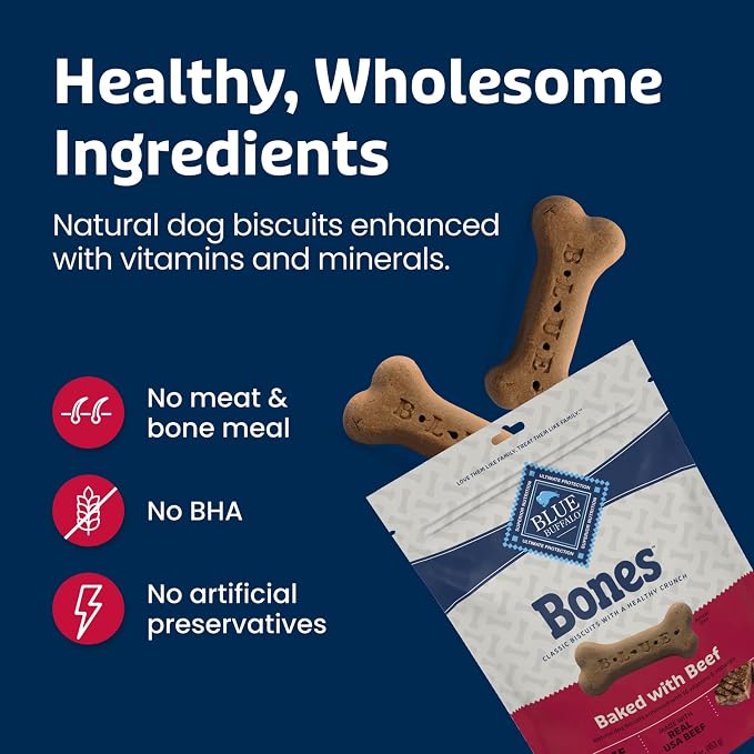 Blue Buffalo Bones Natural Crunchy Dog Treats Large Dog Biscuits Beef, 16oz. Bag, 4 Count