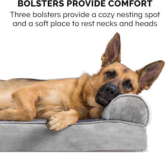 Furhaven Memory Foam Dog Bed for Large Dogs w/ Removable Bolsters & Washable Cover, For Dogs Up to 125 lbs - Faux Fur & Velvet Sofa - Smoke Gray, Jumbo Plus/XXL
