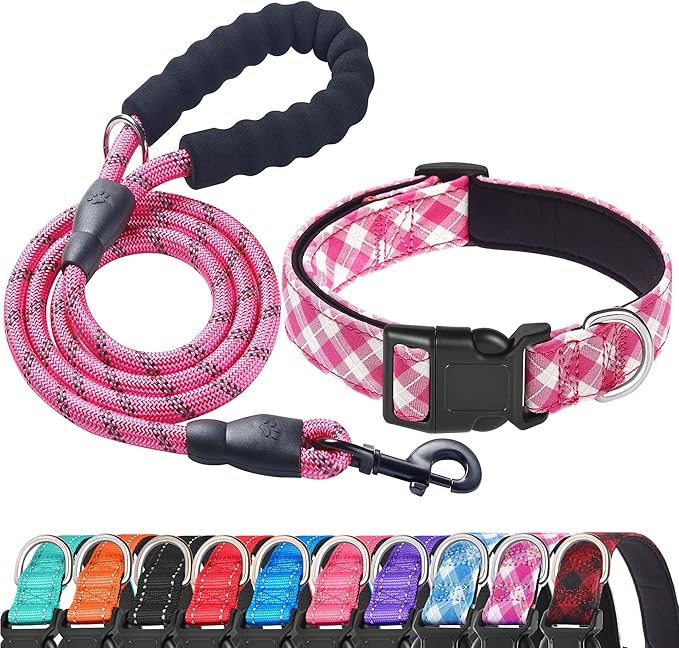 Ladoogo Reflective Dog Collar Padded with Soft Neoprene Breathable Adjustable Nylon Dog Collars for Small Medium Large Dogs (Medium (Pack of 1), Pink Plaid Collar+Leash)