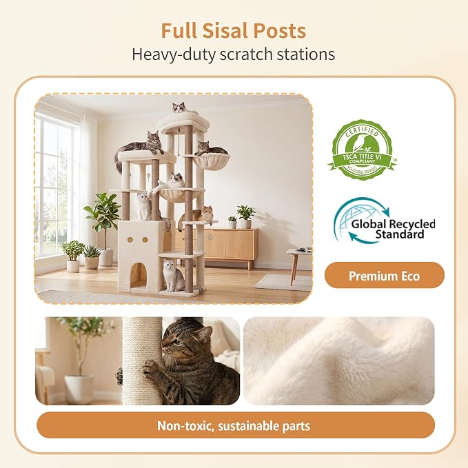 Heybly Cat Tree, 69.7 inches Secure Anti-Tip Cat Tower for Large Cats, Expansive Cat Furniture with Dual-Tier Cat Condo Villa, 2 Top Perches, Hammock & Full Sisal Scratching Posts Beige HCT065MJ