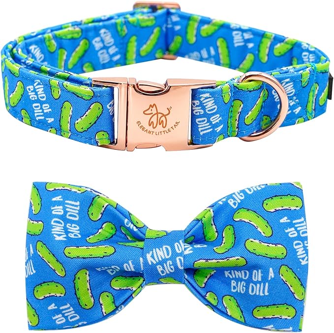 Elegant Little Tail Dill Pickles Print Dog Collar - X-Large, Cute Bowtie