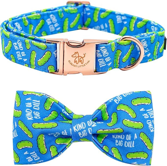 Elegant Little Tail Dill Pickles Print Dog Collar - X-Large, Cute Bowtie