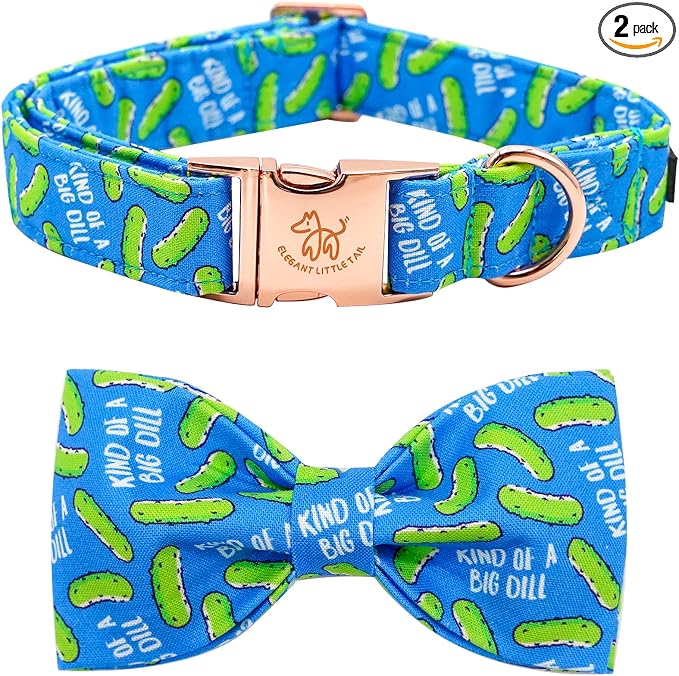 Elegant Little Tail Dog Collar with Bow Tie, Dill Pickles Print, Cute Bowtie Collar for X-Small Dogs