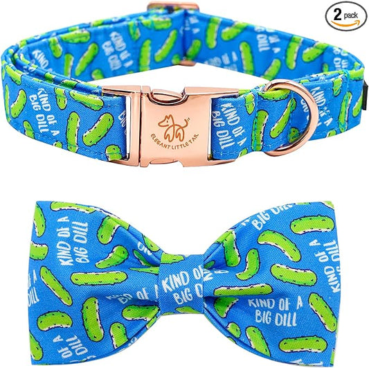 Elegant Little Tail Dog Collar with Bow Tie, Dill Pickles Print, Cute Bowtie Collar for X-Small Dogs